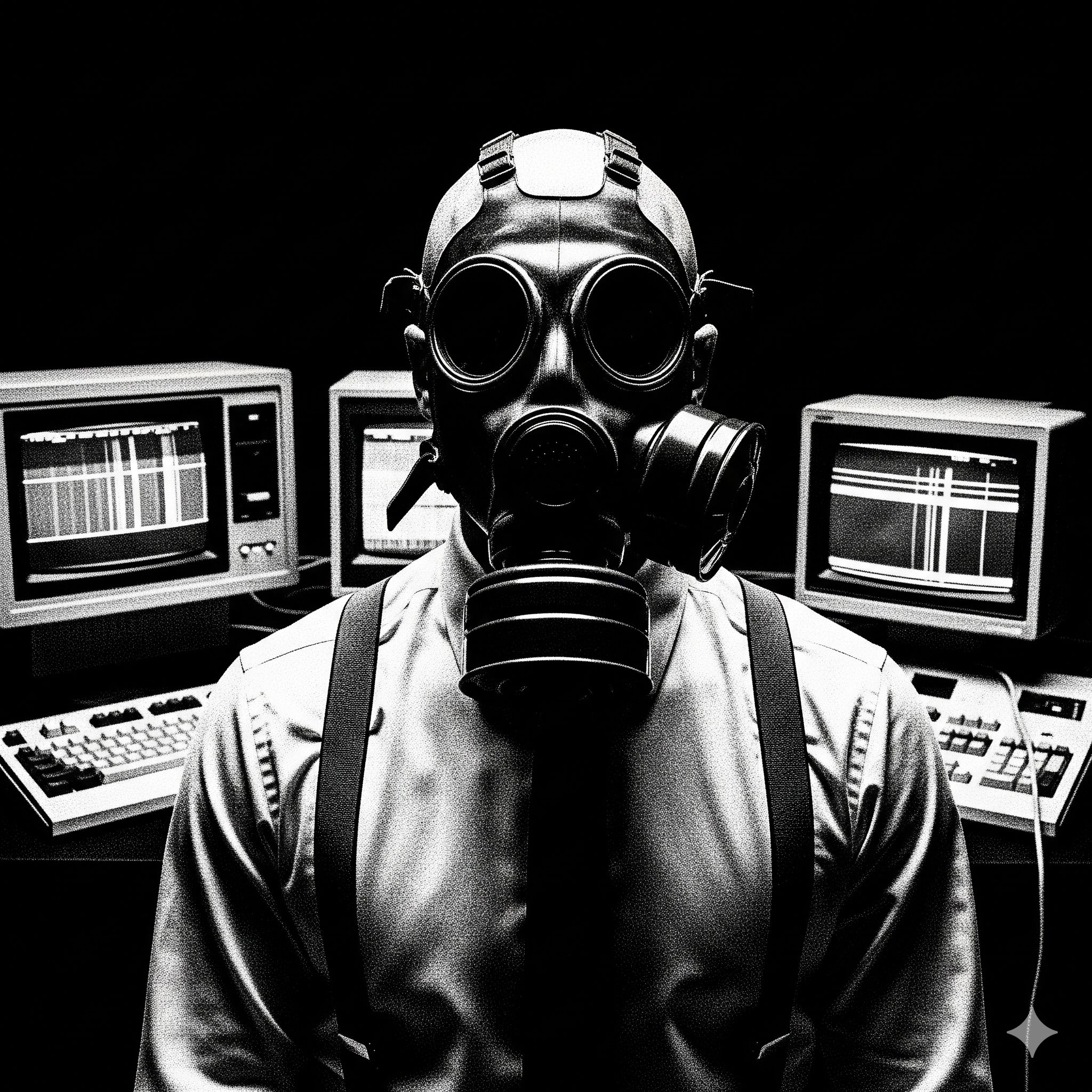 A bald man with gas mask in front of computers A bald man with gas mask in front of computers