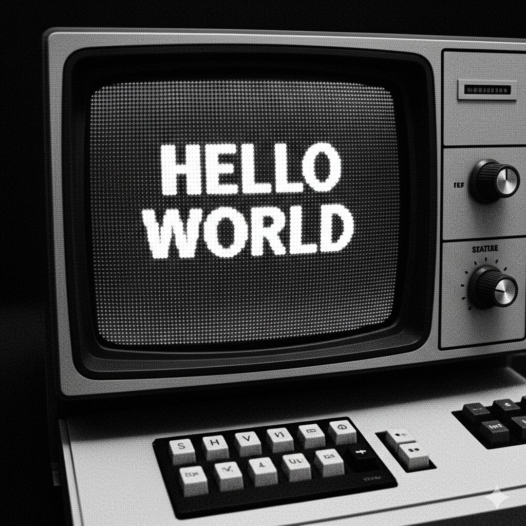 A tube computer screen showing hello world