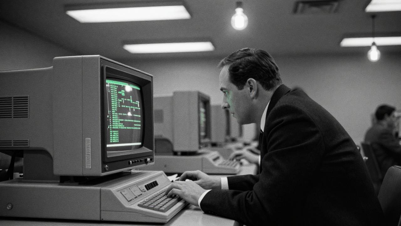 A developer in an office with a vintage terminal A developer in an office with a vintage terminal